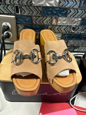bernie mev. Beige Suede Open-Toe Mule with Silver Hardware